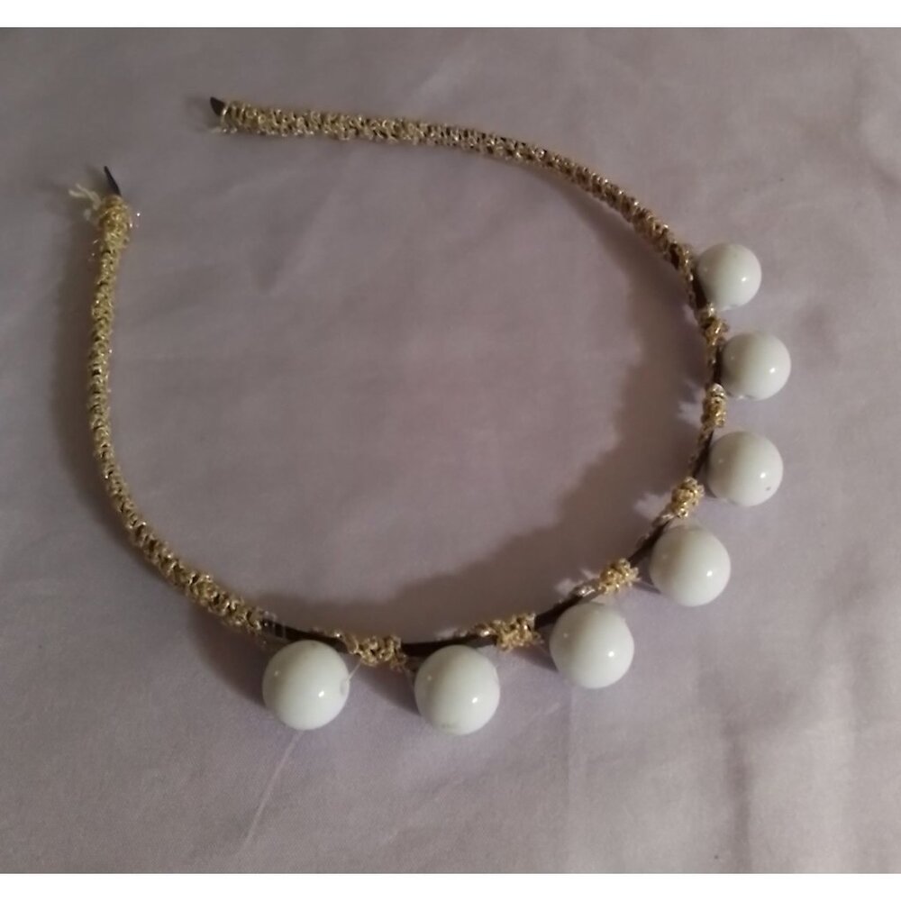 Vintage Gold Tone Headband With White Beads